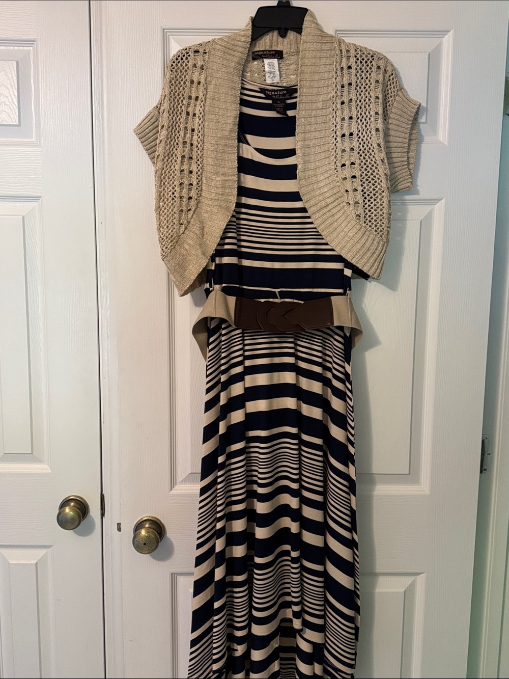 Signature by Robbie Bee Navy and Cream Striped Maxi Dress with Belt